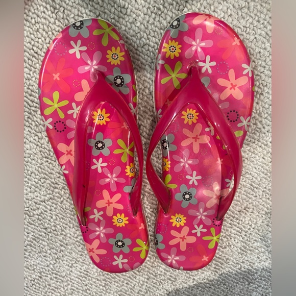 Floral Jelly Flip Flops Thong Sandals Flower Power Barbie Fuchsia Pink Retro 7 8 - Picture 1 of 7